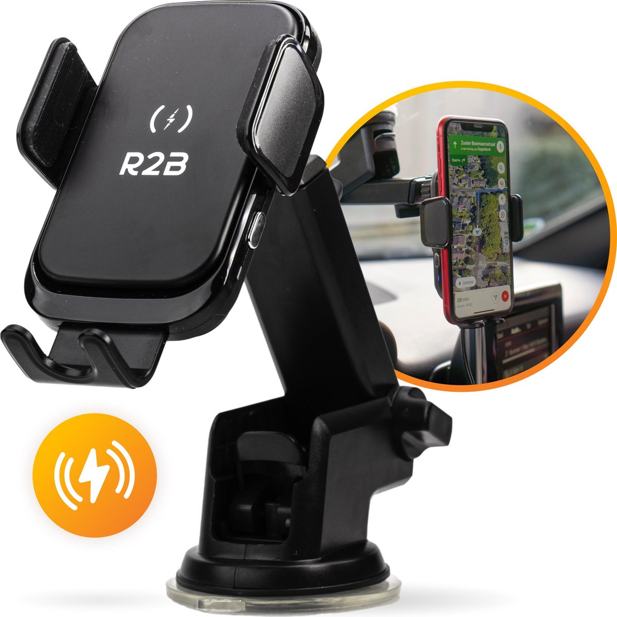 R2B Telefoonhouders auto zuignap met draadloze oplader groot R2B Telefoonhouders auto zuignap met draadloze oplader groot
