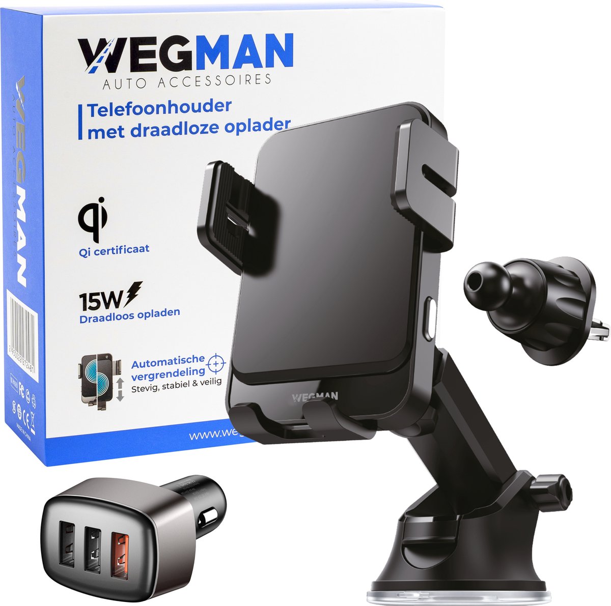 Wegman Telefoonhouder met QI Draadloze Oplader Auto groot Wegman Telefoonhouder met QI Draadloze Oplader Auto groot